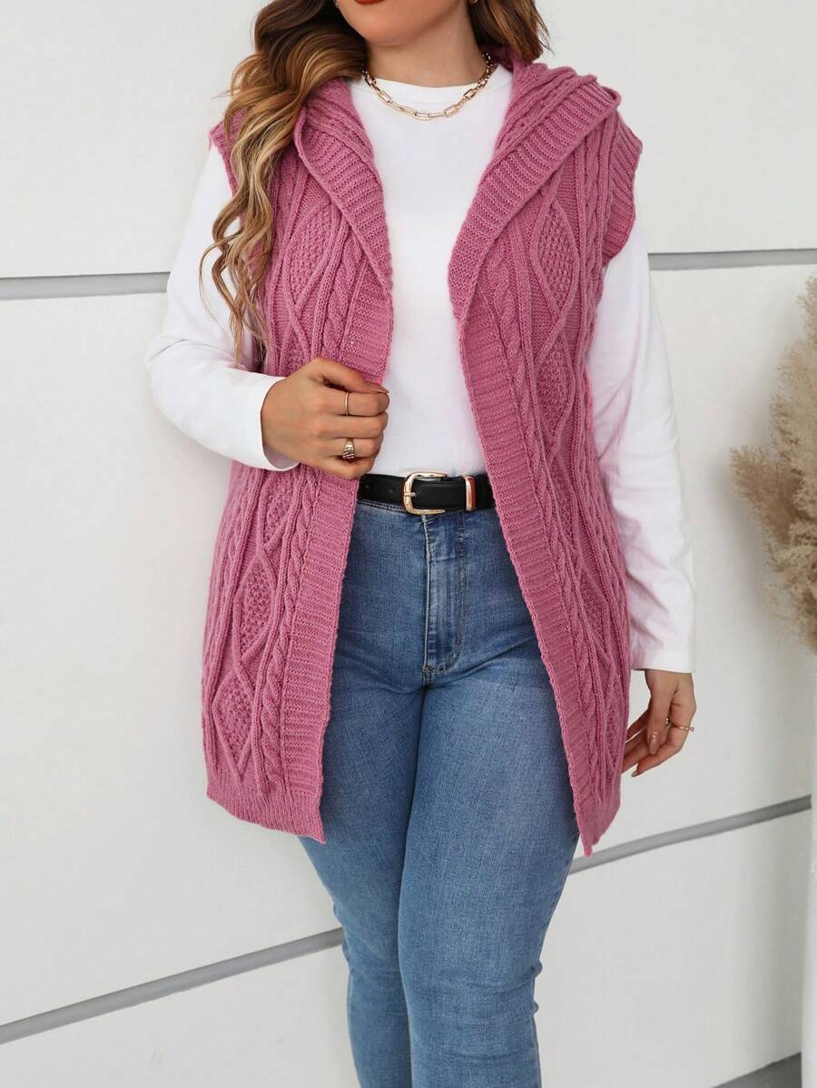 SHEIN LUNE Plus Size Sleeveless Hooded Knitted Cardigan, Multi-Color Winter Fall Autumn - Hot Pink - View 1