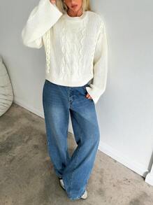 Aloruh Women's Casual Chic Cable Knit Wide Crew Neck Flare Sleeve Warm Loose Sweater, Autumn/Winter - White - View 5