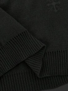 SHEIN LUNE Stylish Christmas Atmosphere European & American Deer Print Loose Casual Mid-Length Lantern Sleeve Sweater Dress, Chic Relaxed Fit - Black - View 3