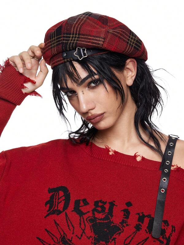 ROMWE Grunge Punk Beretă cu stea cu cinci colțuri în carouri de modă pentru femei