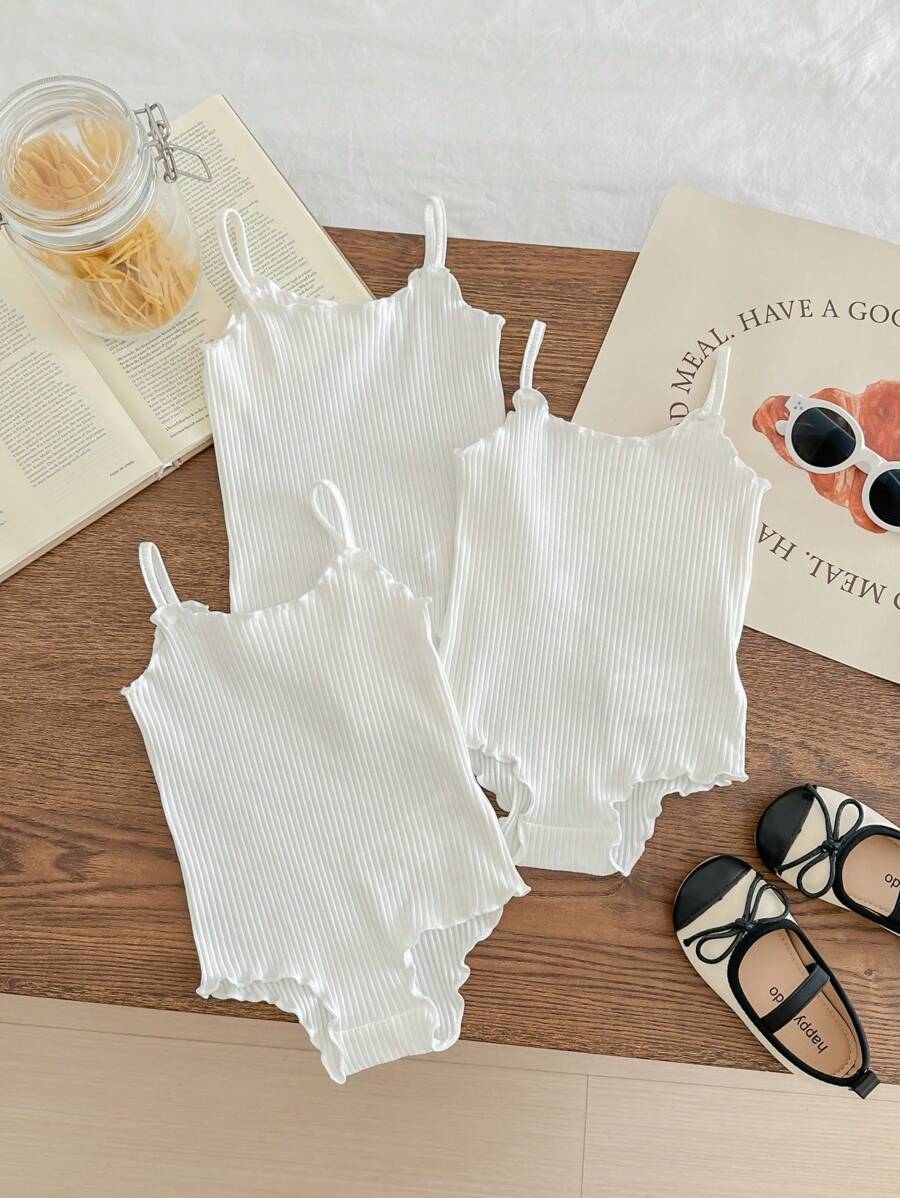 SHEIN LMoss Kids Baby Girl LMoss 3pcs Solid Color Cute Knitted Stretchy Simple Versatile Camisole Bodysuit, Open Crotch Design, Suitable For Summer - White - View 1