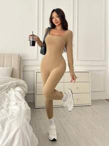SHEIN EZwear Autumn Tight Fitting Turtleneck Knit Jumpsuit Pants, Casual Sports Wear, Khaki
