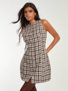 COSMINA Women's Houndstooth Print Crew Neck Single-Breasted Sleeveless Elegant Mini Dress