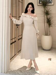 DAZY Women's Solid Color Asymmetrical Neck Long Sleeve Pleated Casual Long Dress, New Style For Autumn Prom Dress,Ruffle