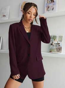 SHEIN Unity Women's Solid Color Notch Collar Long Sleeve Casual Shoulder Blazer Jacket, Autumn - Red Violet - View 4