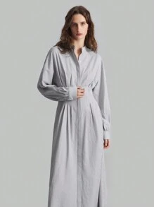 Ontre Áo sơ mi dài tay sọc xám ngày lễ mùa xuân mới 2025 cho nữ, kiểu dáng váy dài thường ngày có eo - Nhiều màu - Xem 3