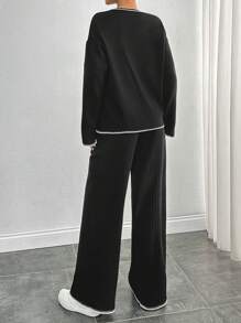 SHEIN Tall 女款純色圓領長袖簡約上衣與長褲套裝，適合高個女性 - 黑與白 - 查看 2