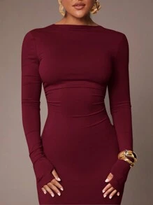 Silquee Women's Basic Slip Dress With Sexy Deep Back, Waist Folds, Skin-Friendly Long Sleeve Floor Length Tight Dress, Ash Gray