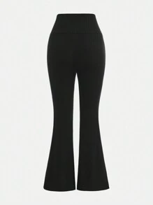 SHEIN 2pcs Teen Girls Ribbed Knit Black & White Ribbed Form-Fitting Flared Pants Set, Teen Girls - Black and White - View 3