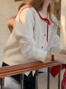 DAZY Jersey holgado de mujer con cuello redondo y lunares, para otoño e invierno, parte superior de manga larga