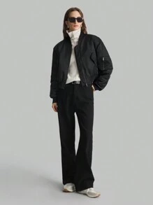 Ontre Women's Solid Black Long Sleeve Zip-Up Baseball Collar Padded Coat, Winter