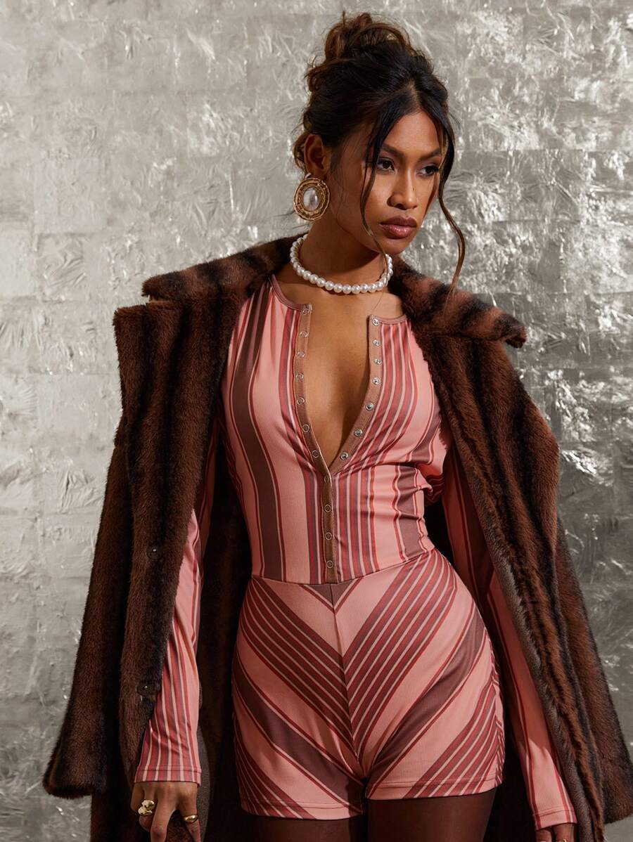 COSMINA Women Front Button Long Sleeve Striped Casual Slim Jumpsuit - Multicolor - View 1