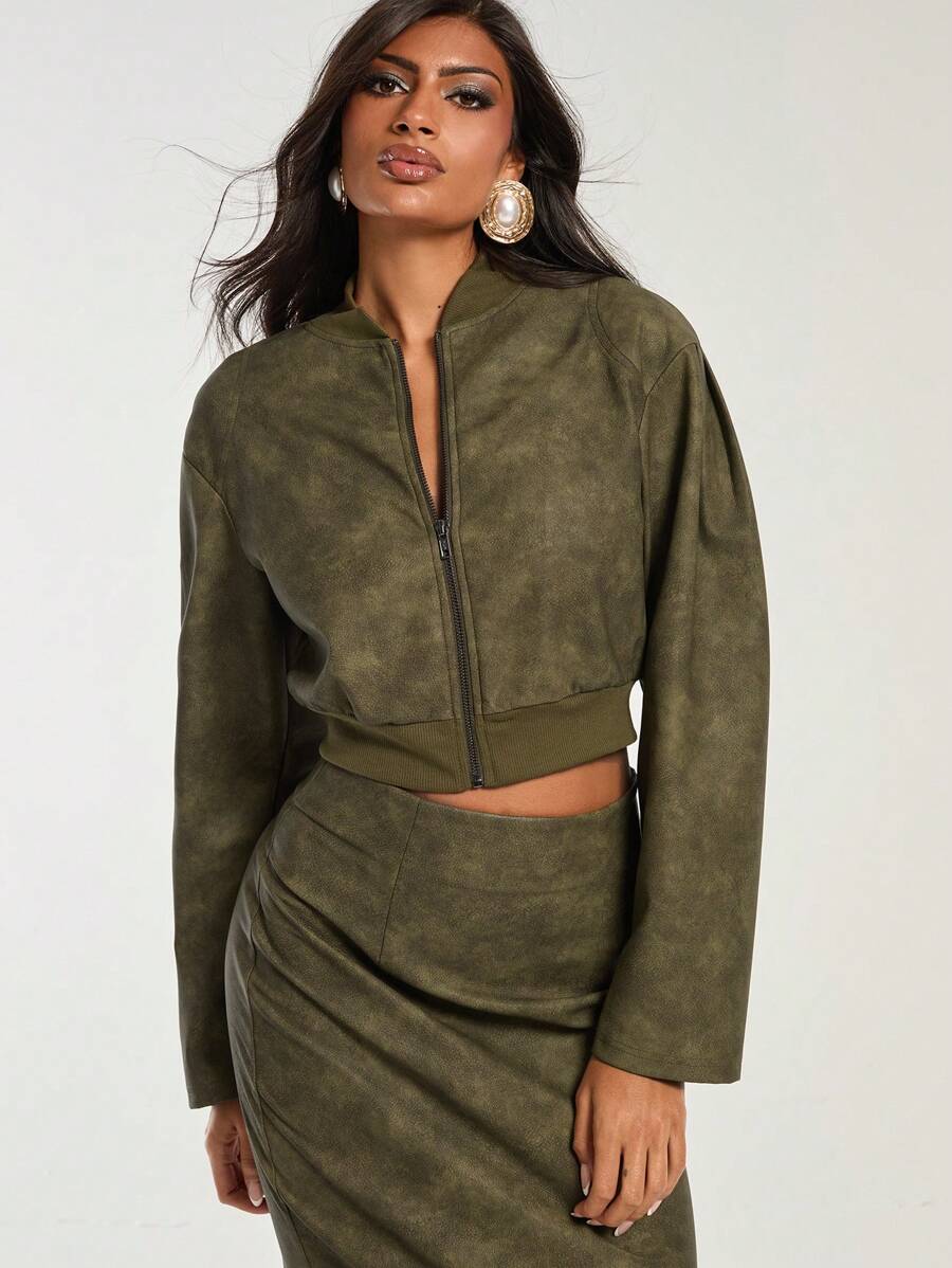 COSMINA Women's PU Leather Jacket, Military Green Color, Autumn/Winter