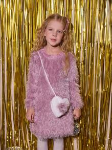 SHEIN Vestito elegante da ragazza per San Valentino con decorazione a fiocco in pelliccia a forma di cuore e nappa, adatto per uscite, vacanze, feste, primavera e autunno