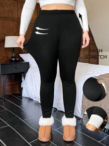SHEIN Privé Plus Size Women Casual Solid Color Christmas Long Leggings, Warm Tight Pants For Autumn/Winter