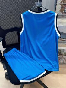 SHEIN Tween Boy Sports 街头风格无袖网眼针织圆领背心和短裤套装，透气，适合休闲或运动，适合春夏季 - 藍色 - 查看 2