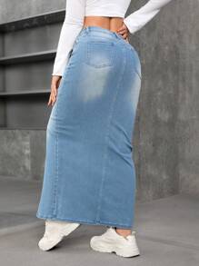 SHEIN EZwear 女士休闲百搭长款开衩牛仔裙 - 淺色水洗藍 - 查看 2