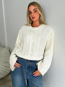 Aloruh Women's Casual Chic Cable Knit Wide Crew Neck Flare Sleeve Warm Loose Sweater, Autumn/Winter - White - View 4