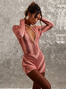 COSMINA Women Front Button Long Sleeve Striped Casual Slim Jumpsuit - Multicolor - View 4