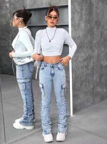 SHEIN Teenager Mädchen Y2K angesagte stonewashed weit geschnittene Jeans mit Falten und Klapptasche, gestapelte Jeans