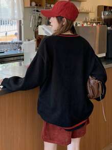DAZY V-Neck Slouchy Pullover Sweater, Black, College Style For Women - Black - View 4