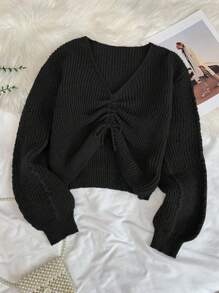 Tween Girls' Loose Casual Fashion Ruched Short Solid Comfortable Long Sleeve Pullover Sweater - Black - View 6