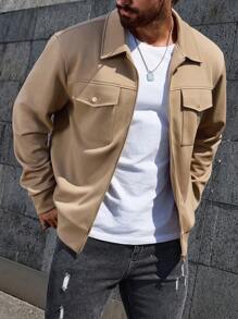 Manfinity Homme Plus Size Men's Solid Color Front Zipper Long Sleeve Pocket Casual Jacket, Going Out Fashion Khaki Lightweight Jacket, For Friends, Husband, Boyfriend Gifts - Khaki - View 4