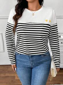 SHEIN Frenchy Áo thun tay dài thêu hình trái tim kẻ sọc cỡ lớn cho nữ - Nhiều màu - Xem 1