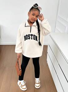SHEIN Tween 女童针织立领运动衫和踝袖紧身裤 2 件套，休闲日常装 - 杏色 - 查看 6