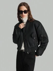 Ontre Women's Solid Black Long Sleeve Zip-Up Baseball Collar Padded Coat, Winter