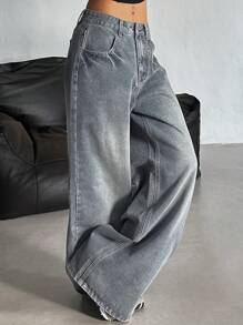 DAZY 女士休闲破洞阔腿宽松牛仔裤 - 淺色水洗藍 - 查看 3