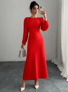 SHEIN Unity Women's Red Elegant French Style Round Neck Lantern Sleeve A-Line Maxi Dress,Solid Autumn Party Long Dress For New Year Outfit Spring Winter Clothes - Red - View 3
