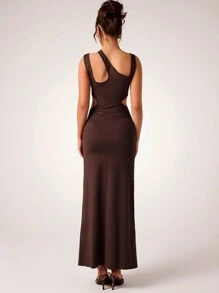 Glamine Vestido asimétrico sin mangas de punto elegante y sexy de color marrón café con escote hueco para mujeres, atuendo largo para otoño/invierno, Año Nuevo y Día de San Valentín