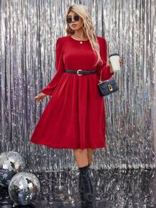 SHEIN LUNE Plus Size Women Solid Color Round Neck Long Sleeve Waist Ruched Midi Dress For Christmas For New Year Clothes - Red - View 5
