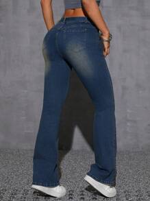 SHEIN EZwear Women's Button Front Pocket Simple Denim Jeans, Casual Everyday Wear