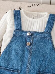 SHEIN 2 Pieces Baby Girl Knitted Long Sleeve Top And Bib Overall Dress Set, Autumn/Winter