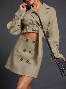 Hauture Casual Solid Twill Button Detail Skirt - Khaki - View 1