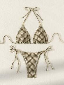 Swim Mod Summer Beach Vacation Cute Girls Versatile Women's Retro Plaid Print Halter Neck Triangle Side Straps Adjustable Waist Thong Bikini Set - Multicolor - View 8