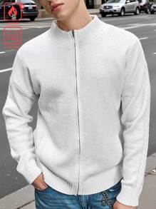 Manfinity Hypemode Men's Casual Solid Color Dropped Shoulder Front Zip Cardigan, Autumn/Winter Going Out Plain White Cardigan, For Husband, Boyfriend Gifts