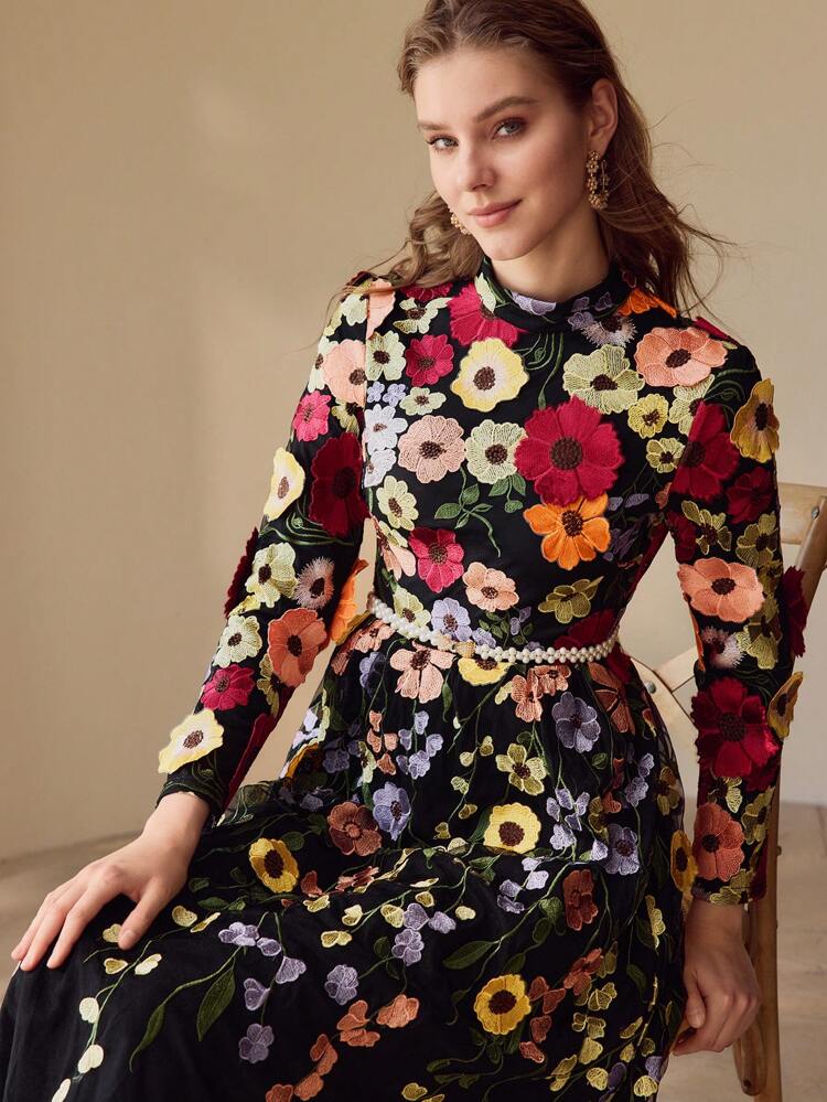 FLORAL EMBROIDERY CONTRAST MESH MIDI DRESS, WOMEN OUTFIT
