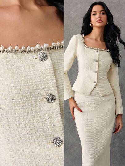 Poéselle 2pcs Women Elegant Beaded & Rhinestone Decor Front Button Blouse And Skirt Set,Women's Office Wear Women Set, Little Fragrant Wind Button Up Shirt And Women Suit Set,Business Casual Women,Two Pieces Fall Outfits,Elegant Women Set,Tweed Two Pieces Fall Sets,Jacquard Weave Button Up Women Shirt Women Skirt Set,Winter Women Sets,2024AW Winter