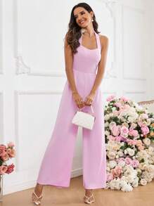 SHEIN Privé Women's Plain Halter Jumpsuit - Baby Pink - View 4