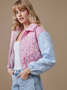 WESTFADE Spring Two Tone Colorblock Floral Patterned Brocade Jacquard Long Sleeve Cropped Jacket Nashville Outfits
