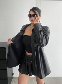 Flirla Chaqueta de piel sintética con cuello vuelto, de manga larga, estilo callejero casual de moda, chaqueta negra de piel sintética para invierno, tallas grandes - Negro - Ver 4