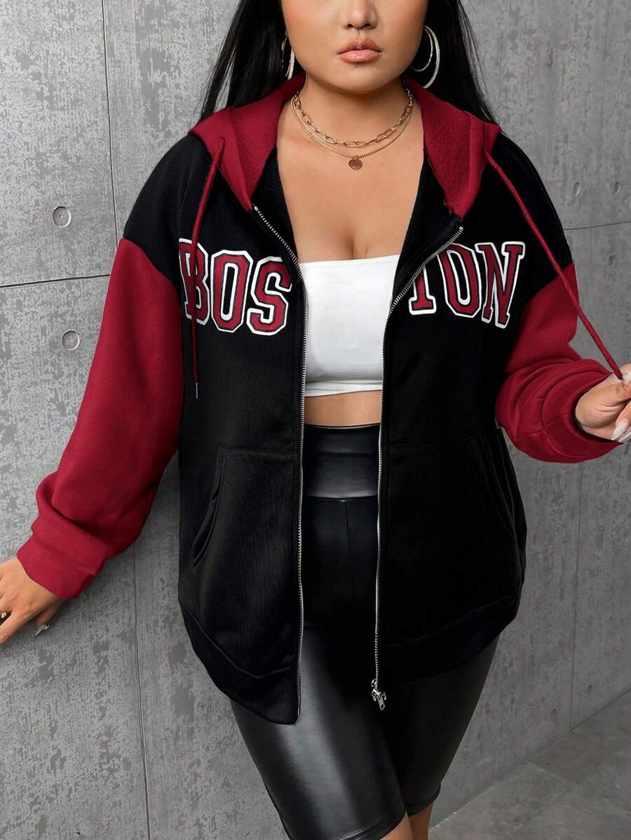CovetEZ Plus Size Women's Autumn And Winter Warm Contrast Sweatshirt Jacket Graduation,Back To School Outfits,Graduation,Teacher Outfits For Women,Back To School - Red - View 1