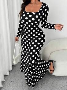 SHEIN LUNE Plus Size Long Sleeve All-Over Print Casual Short Dress Maxi Women Outfit Fall Cloth For Women - Black and White - View 4