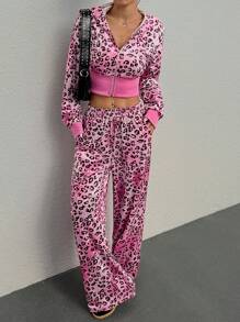 SHEIN EZwear 2pcs/Set Pink Leopard Velvet Hoodie Top And Pocket Side Sweatpants Tracksuit - Pink - View 1