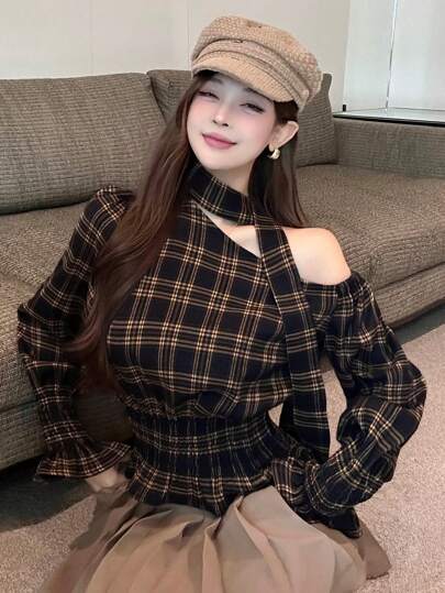 DAZY Plaid Color Block Asymmetric Oblique Collar Tied Ruffle Hem Blouse For Women,Fall Women Clothes Long Sleeve Top