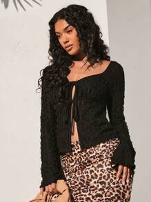 Opulessa 1pc Women's Solid Color Textured See-Through Tie Front Long Sleeve Top - Black - View 4