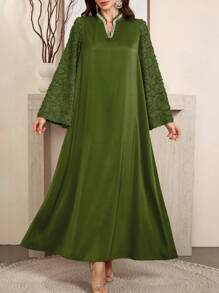 Al Najma 绿色女式缺口领喇叭袖仿珍珠装饰优雅阿拉伯连衣裙，优雅朴素的华丽束腰外衣阿拉伯连衣裙，适合晚会/休闲日常 - 綠色 - 查看 4